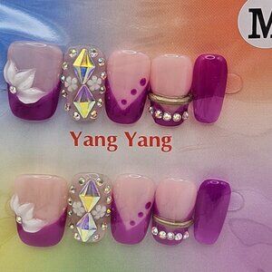 Press On Nails - Purple French Tip w/ Rhinestone Accents / Size Medium (10 pack)